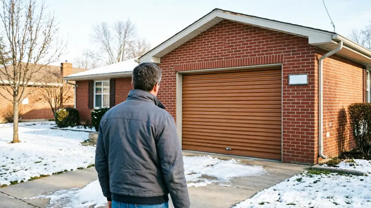 A man stands on a snowy driveway looking at a brown garage door.