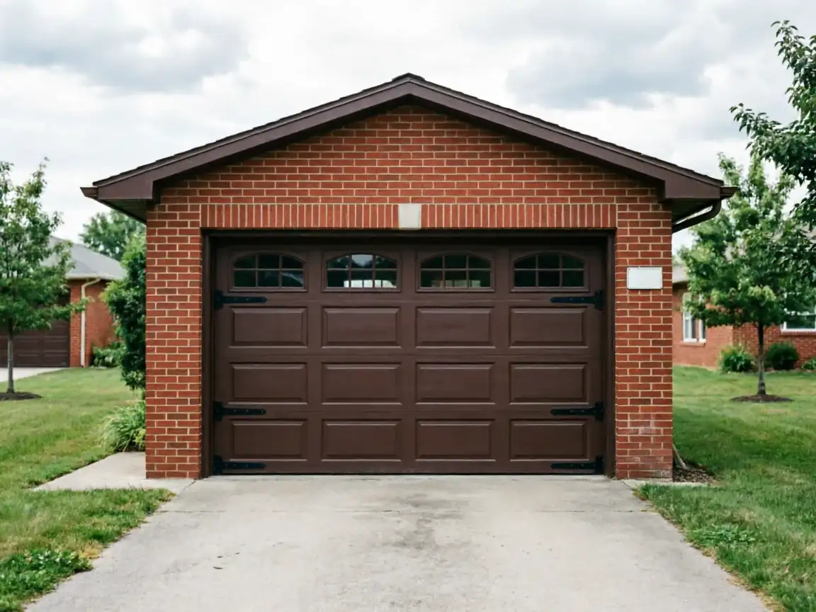 A brown garage door with windows is set in a red brick garage.