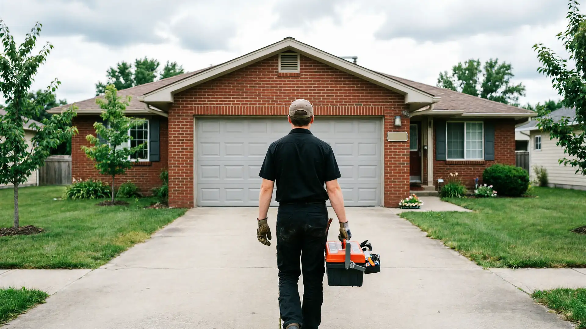 A technician walks toward a brick house with a gray garage door.