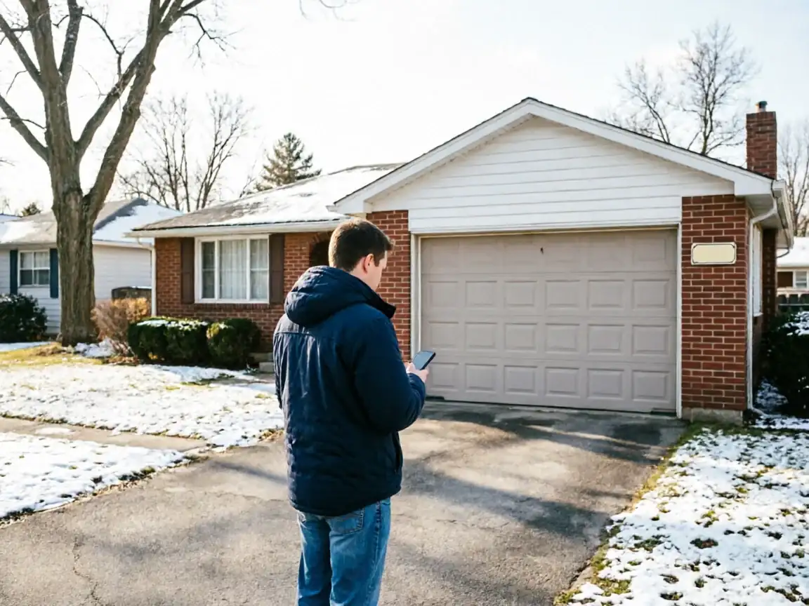 A man stands in a snowy driveway looking at his phone, facing a closed garage door.